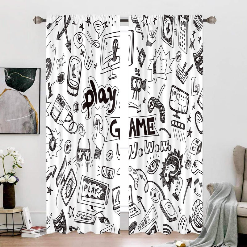 Cinbloo Kids Video Games Curtains 52W x 84L Inch Rod Pocket Black White Gamer for Teen Boys Bedroom Decor Gaming Racing Monitor Device Gadget 90's Art Printed Living Room Window Drapes Fabric 2 Panel - Image 2